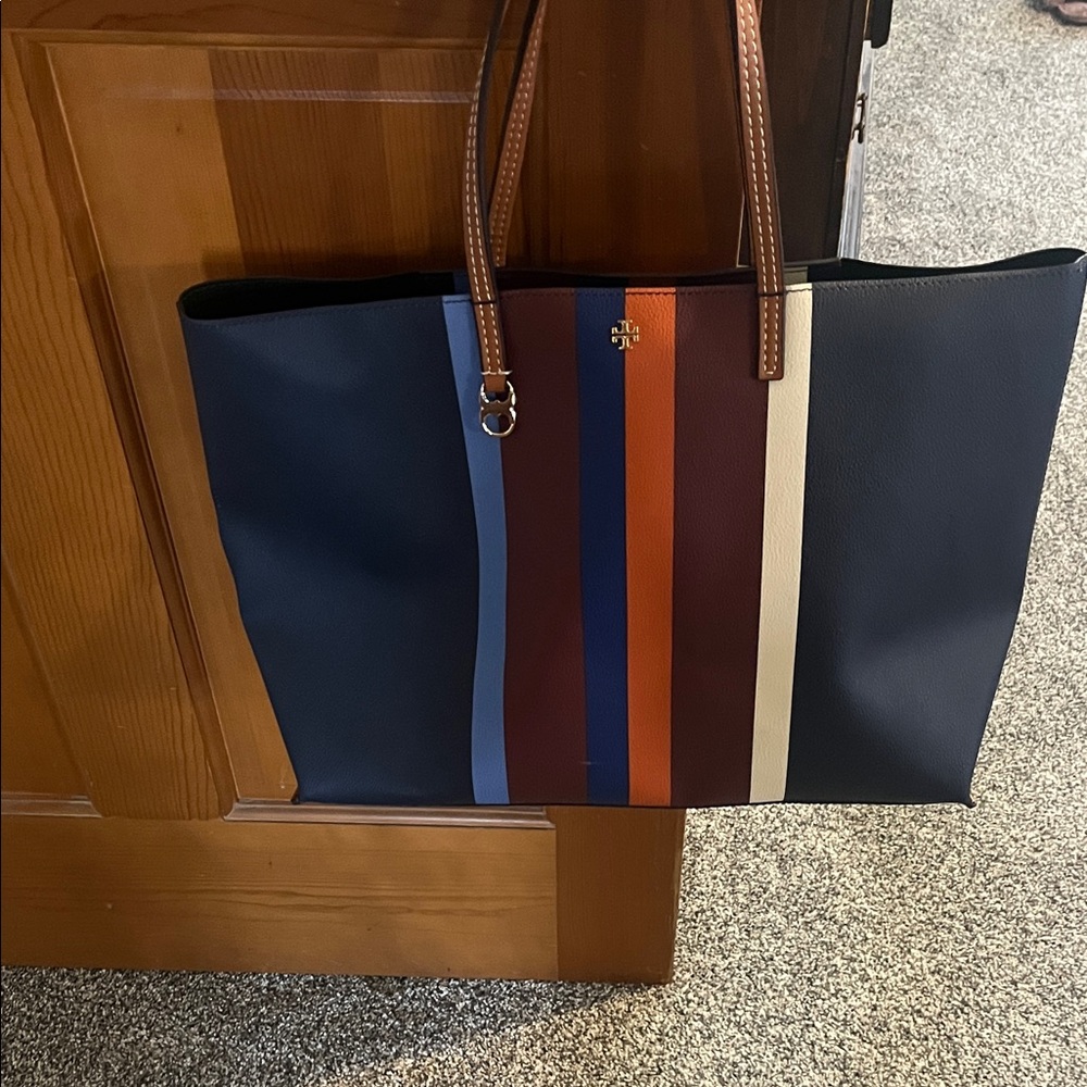 Tory Burch Navy Leather Tote with Multicolor Center Stripes